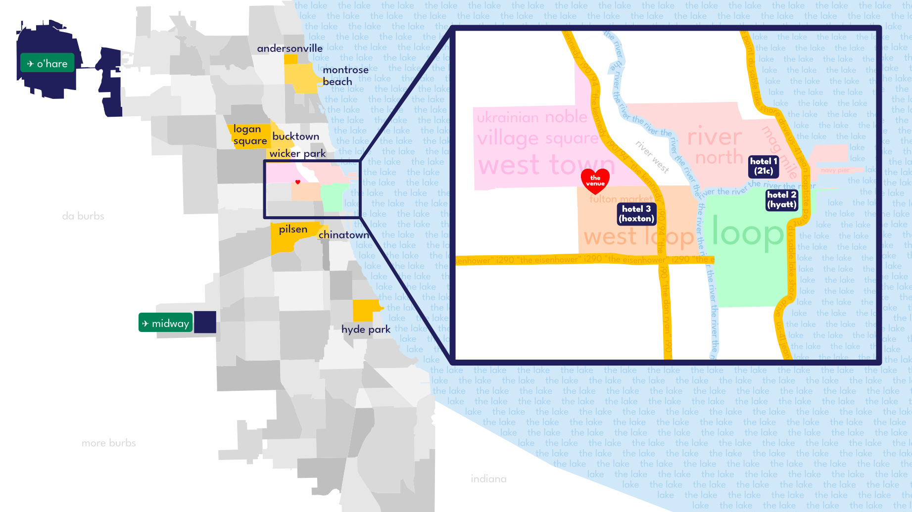 A map of Chicago with neighborhoods and airports